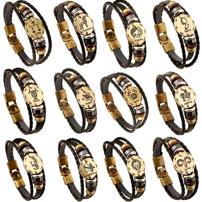 Винтажный браслет в стиле панк с 12 зодиалами и деревянными бусинами + черным