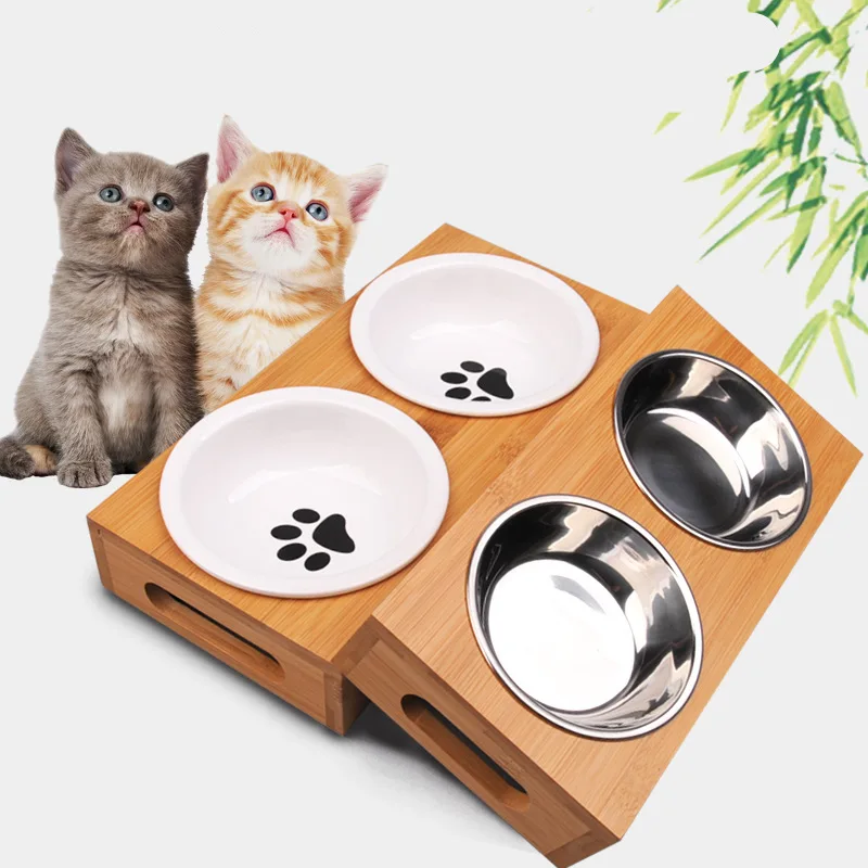 

Pet Dog Bowl Bamboo Pet Stainless Steel Ceramic Feeding and Drinking Bowls Combination with Bamboo Frame for Dog Cats Pet Feeder