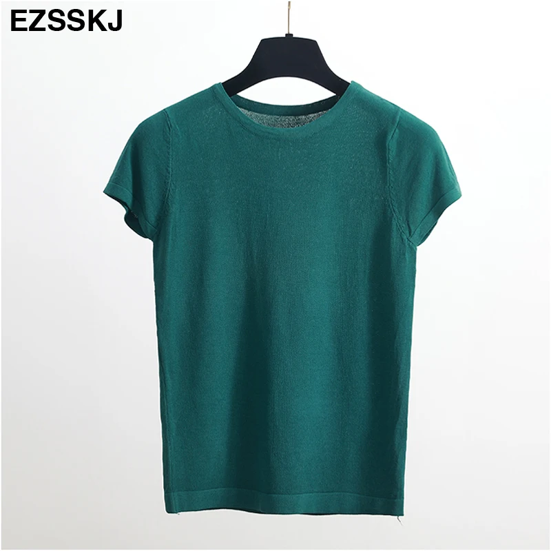 EZSSKJ, Базовая Трикотажная футболка, женская летняя футболка с коротким рукавом, высокая эластичность, женская футболка с круглым вырезом, повседневный однотонный укороченный топ