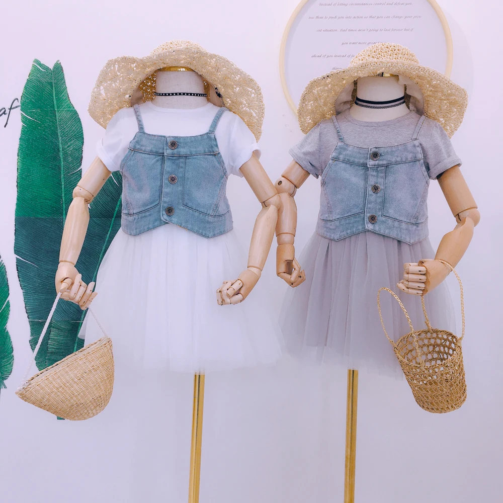 Детская одежда для девочек лето 2019 новое Сетчатое платье с короткими рукавами