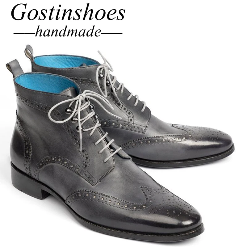 GOSTINSHOES/ботинки с перфорацией типа «броги» ручной работы Goodyear; мужские мотоциклетные ботинки из натуральной кожи; армейские рабочие и защитные ботинки на шнуровке с острым SCT44-47