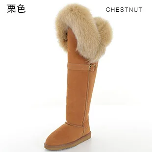 Chestnut INOE модные сапоги из замши с натуральным лисьим мехом сапоги с пряжкой выше колена длинные зимние сапоги женская зимняя обувь; зимние сапоги из коровьей замши ботфорты зимние из натурального меха на плоской подошве - Цвет: Chestnut