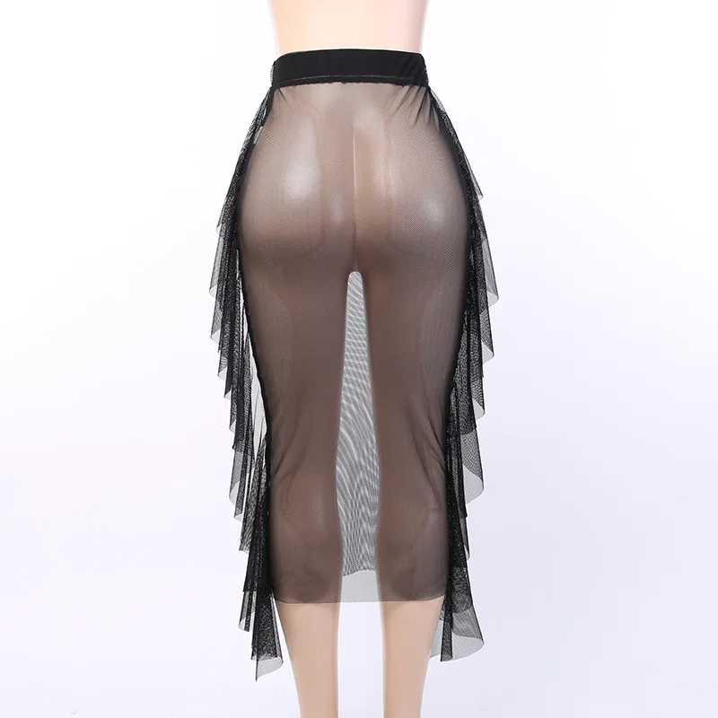 BOOFEENAA Sexy Black Mesh Ruffles Long Skirt Beach Bottoms See Through High Waist Pencil Skirts Womens Summer C66-AZ30