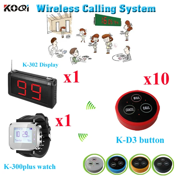 Wireless Buzzer Bell System Nice Fashion Design Easy Operation Restaurant Set (1 display+ 1 watch+10 button)