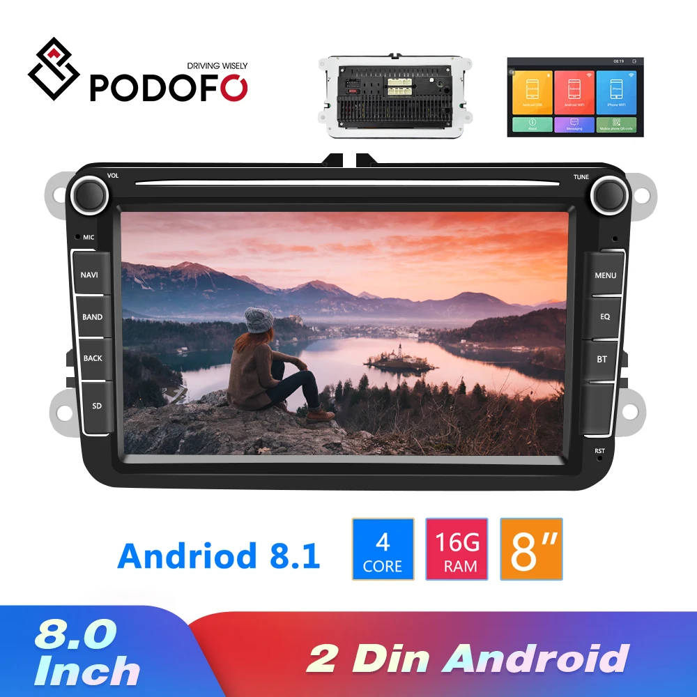Podofo Android 8,1 2Din автомобильный MP5 мультимедийный видео плеер gps Автомобильный Радио Авто Радио Стерео " аудио для сиденья/Skoda/Passat/Golf/Polo