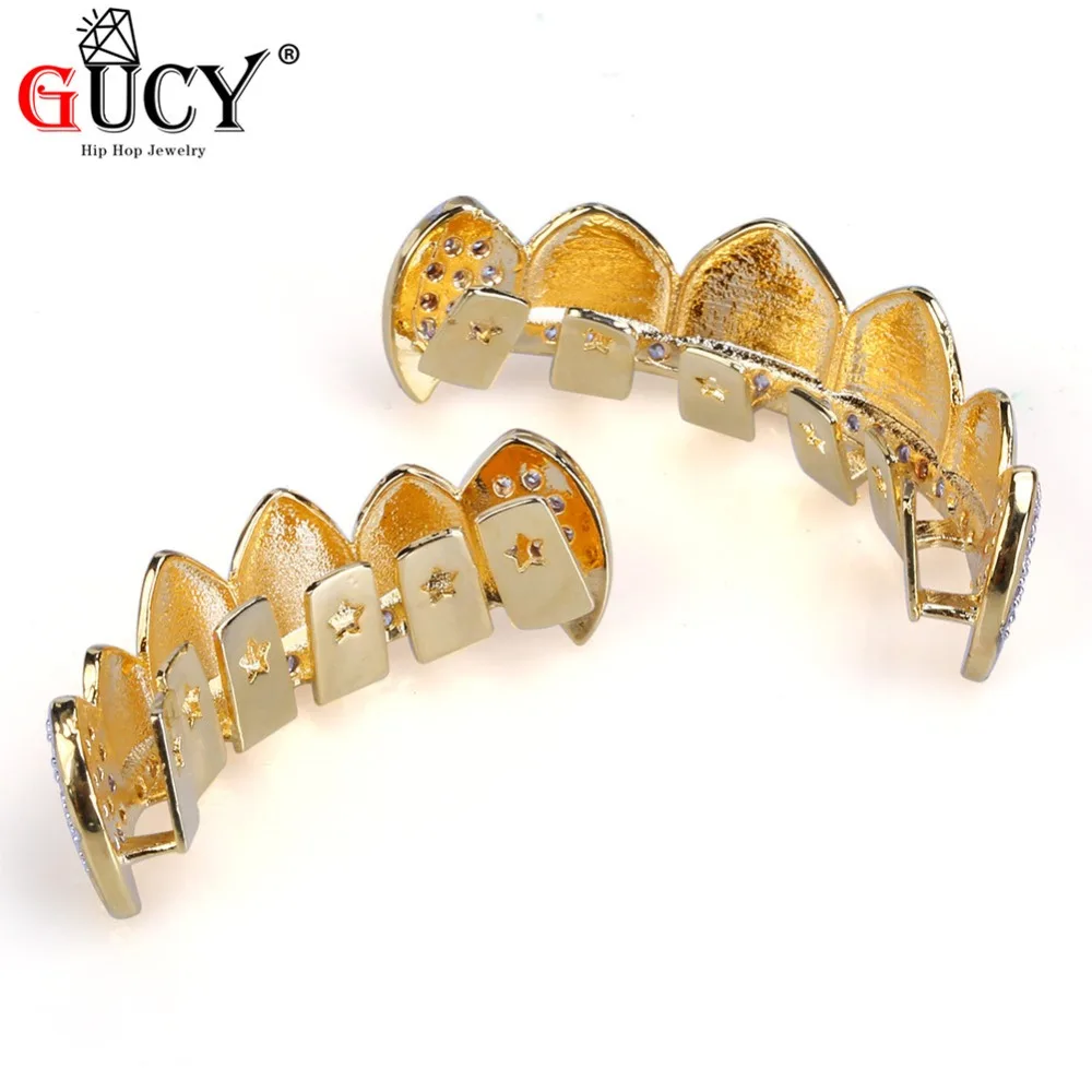 GUCY золото хип-хоп ЗУБЫ Grillz микро Pave кубический циркон сверху и снизу вампир зубы-клыки грили набор подарок на Хэллоуин для мужчин и женщин