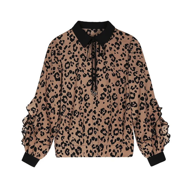 nvyou gou Ladies Leopard Print Top Summer Fashion Loose Ruffle Sleeve Chiffon Blouse Office Lady Bow Tie Neck Casual Shirt |