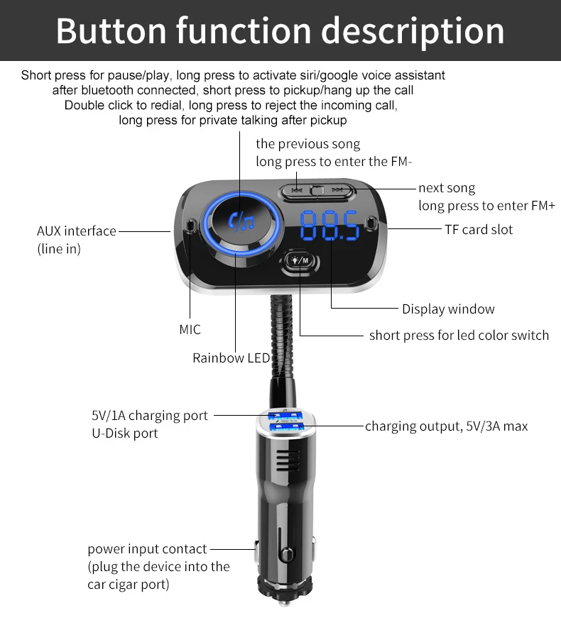 Fm-передатчик модулятор Aux Bluetooth 5,0 Handsfree автомобильный комплект QC3.0 быстрое зарядное устройство двойной USB Поддержка SiRi TF карта для двух устройств
