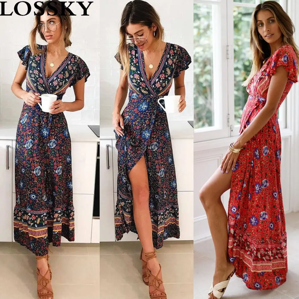 Женское летнее Пляжное Платье макси с цветочным принтом сексуальные платья V