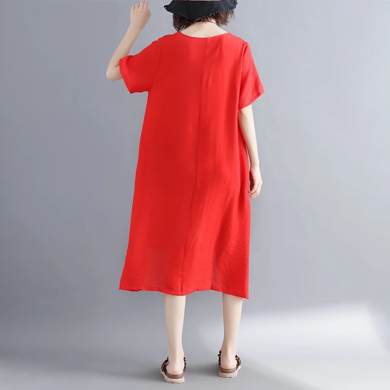 Женское платье с вышивкой свободное асимметричное красного желтого цвета в