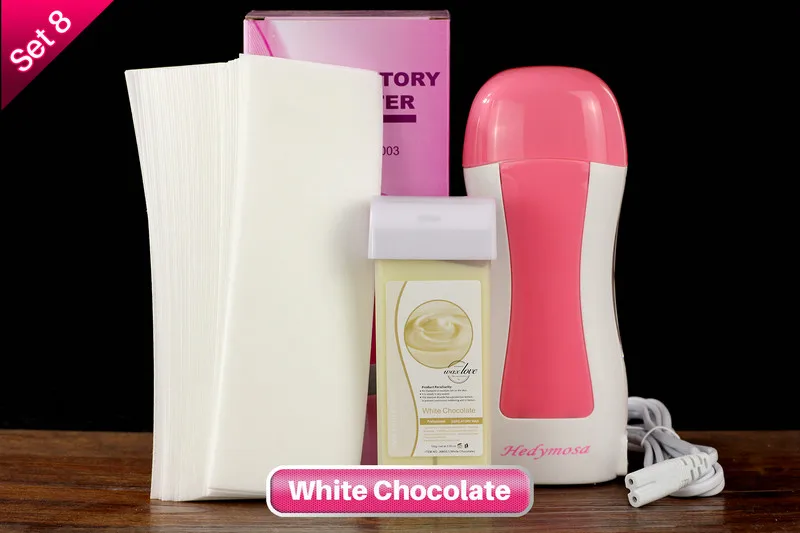 Set 8 White Chocolat Эпилятор воскоплав Набор восковых нагревателей, удаления волос, расплав воска, эпилятор женский 110 В/220-240 В, эпилятор для бровей лица, бритвенный безболезненный, 100 г, восковые полоски для депиляции - Цвет: Set 8 White Chocolat