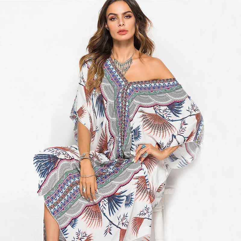 Богемное винтажное длинное пляжное женское платье макси из вискозы с рукавами