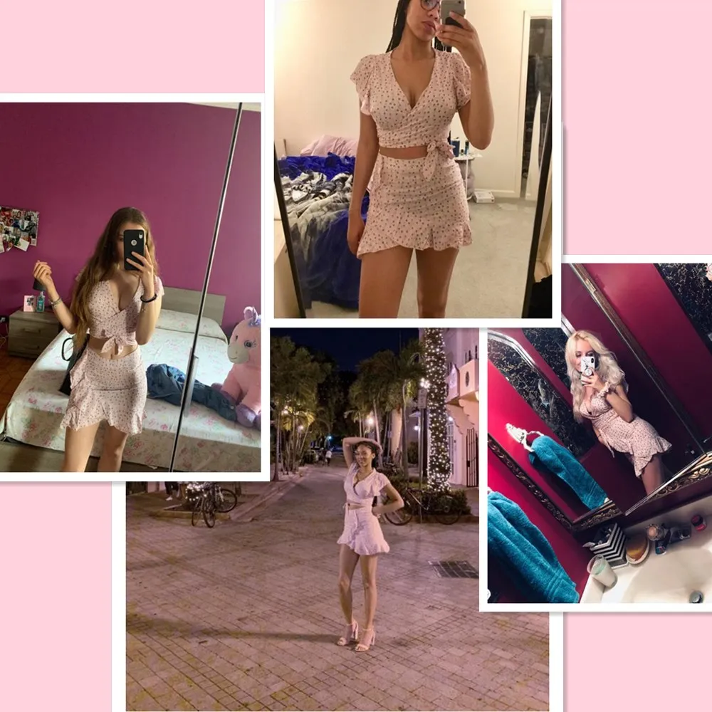 ZAFUL Женские комплекты Укороченный топ с одуванчиками и юбкой Набор из двух частей Сладкая розовая уличная одежда в горошек Шикарные винтажные комплекты для девочек