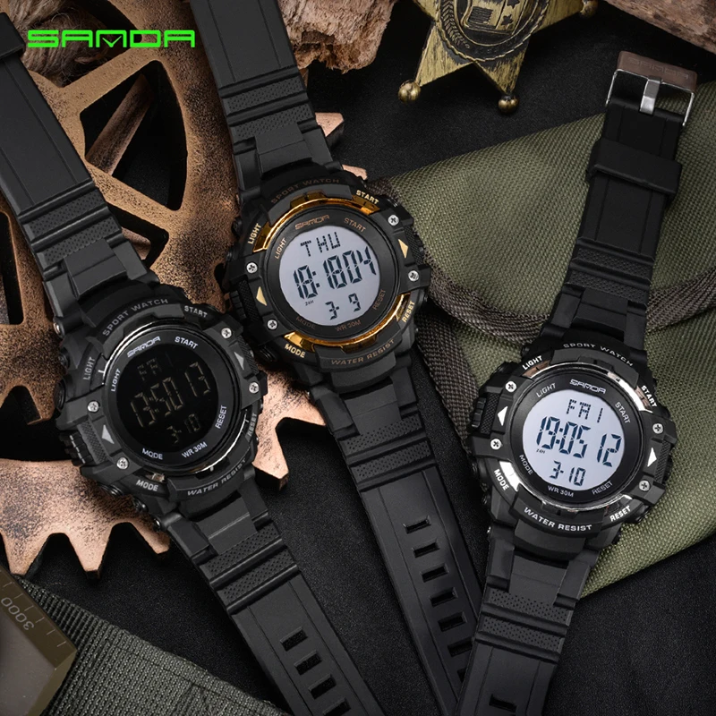 Мужские Цифровые часы Sanda 348 спортивные в Военном Стиле с подсветкой и