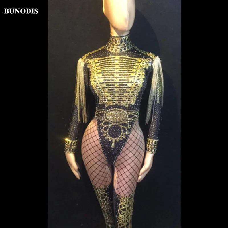 ZD09003 Gold Black Women Sexy Jumpsuit Simple Version Material Spandex Sparkling Crystals Bodysuit Nightclub Party Singer