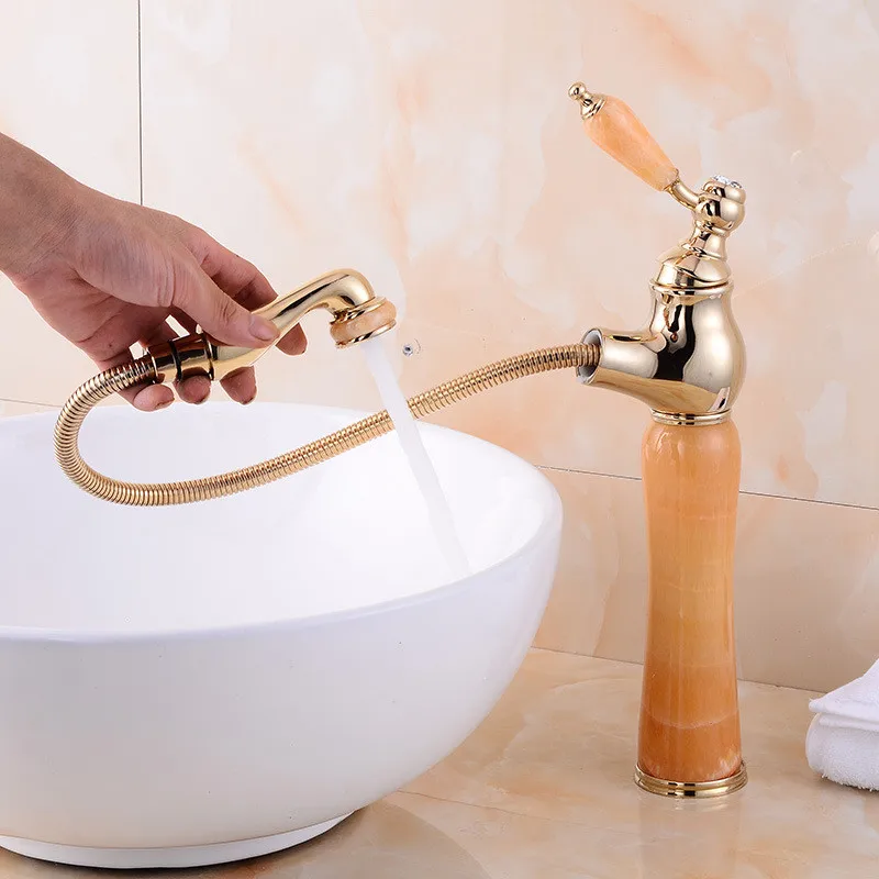 

Bathroom Basin Faucets Brass & Jade Hot and Cold Sink Mixer Crane Tap Pull Out Spray Nozzle Gold Single Handle Deck Mounted