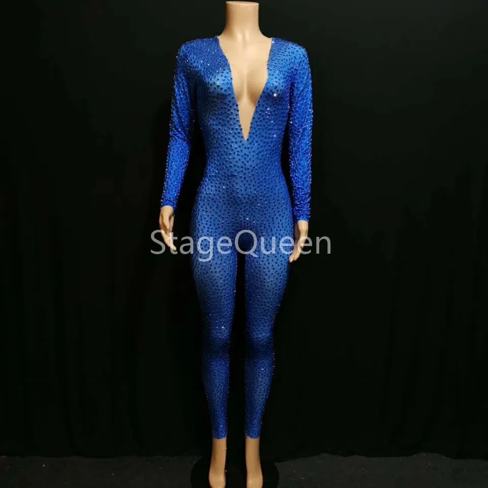 Sexy Blue Flowers Spandex Big Stretch Rhinestones Jumpsuit Women's Sexy Bodysuit Costume Stage Dance Outfit Performance Rompers