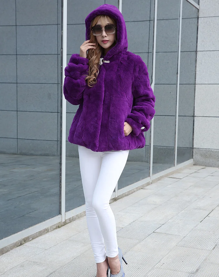 purple Шуба из кролика рекс короткий параграф с капюшоном женская с длинными рукавами цельная кожа натуральный мех кролика верхняя одежда теплая - Цвет: purple