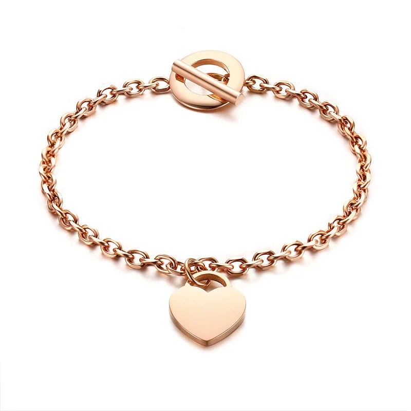 Stylish Rose Gold Tone Women's Heart Tag Charm Toggle Bracelet Personalised Stainless Steel Trendy Woman Jewelry | Украшения и