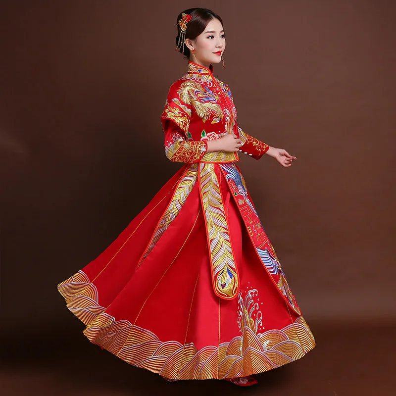 Женское традиционное свадебное платье Qipao красное невесты с вышивкой Феникса в