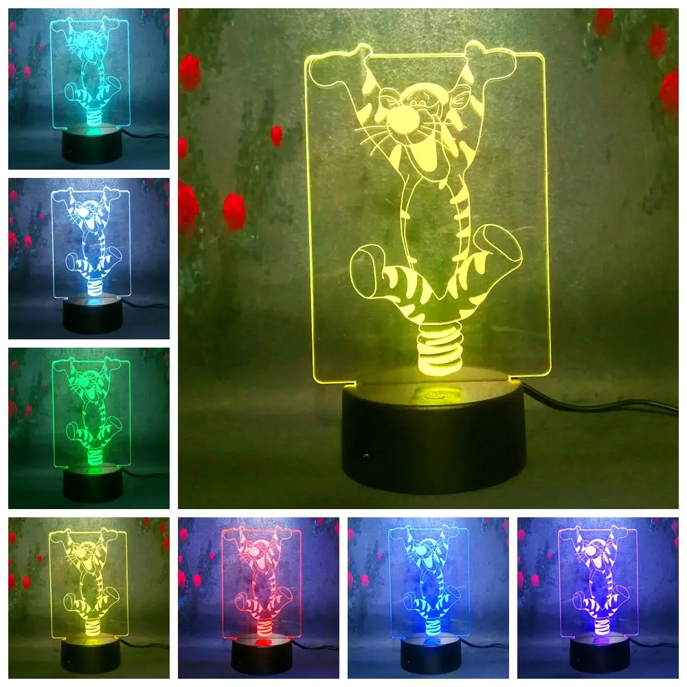 Мультяшный прыгающий тигровый 3D СВЕТОДИОДНЫЙ многоцветный ночник 7 цветов