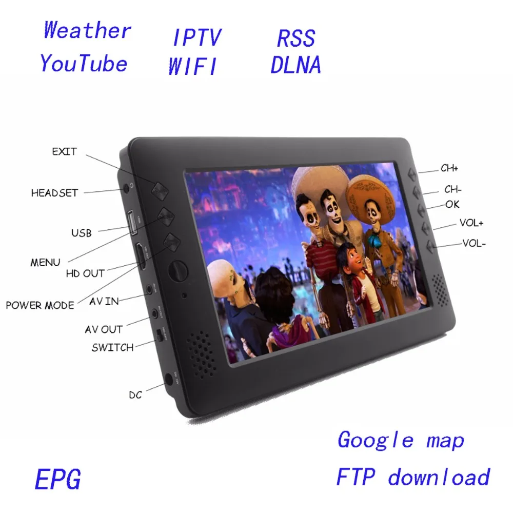 Wi Fi Интернету ip ТВ аккумуляторная H.265 USB HD DVB T2 digital smart Мини Портативный 9 дюймов