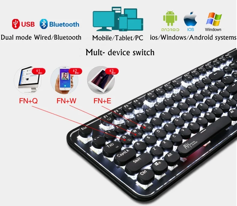 Royal Kludge RK960 Двухрежимная Проводная/Bluetooth Беспроводная механическая клавиатура Ретро круглая клавиша для настольного компьютера ноутбука планшета мобильного