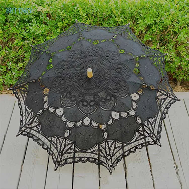 Свадебный зонт из хлопка ручной работы с кружевной вышивкой модный черный для