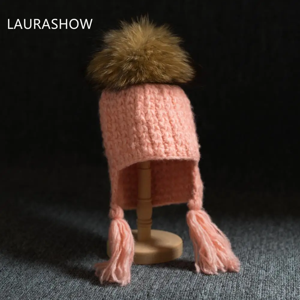 LAURASHOW/детская зимняя брендовая шапка 16 см из натурального меха лисы и норки, шапка с помпонами для девочек, вязаная шапка, шапка Skullies, Детские шапочки - Цвет: 16cm Nature Fur Ball