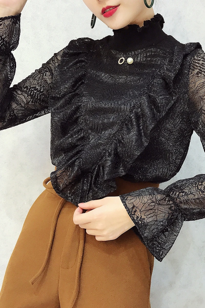 ALPHALMODA V-Ruffled стоячий воротник, украшенный бисером, женские изящные футболки с вырезами на крючках, цветы, однотонные женские пуловеры, футболки