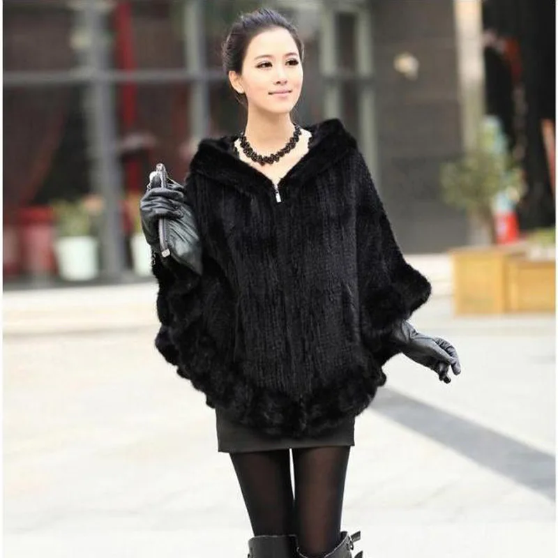 

Hooded natural knit mink fur coats outerwear women batwing real fur cloaks 2019 new style fashion zipper real mink fur jackets