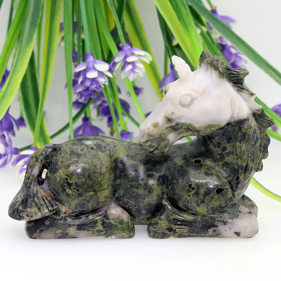 4.36"LOTUS JASPER Carving Unicorn Crystal Skull Crystal Realistic Healing Furnishing Articles Figurine MV58