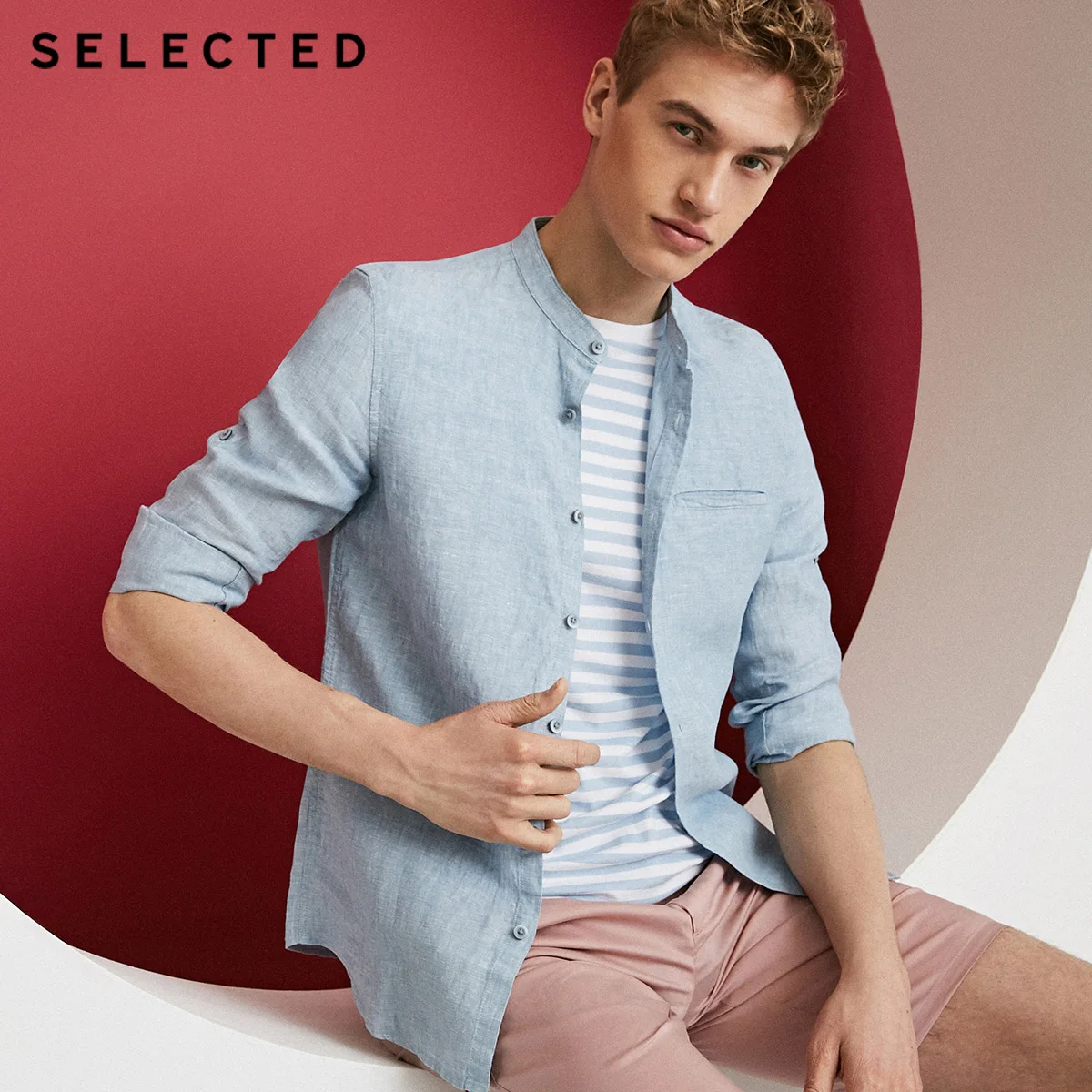 Отборная льняная облегающий Повседневный воротник с длинными рукавами C |