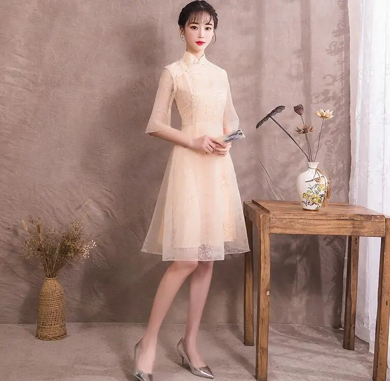 

Women's summer short sleeve slim mesh dress female high quality vintage chinese style party dress TB734