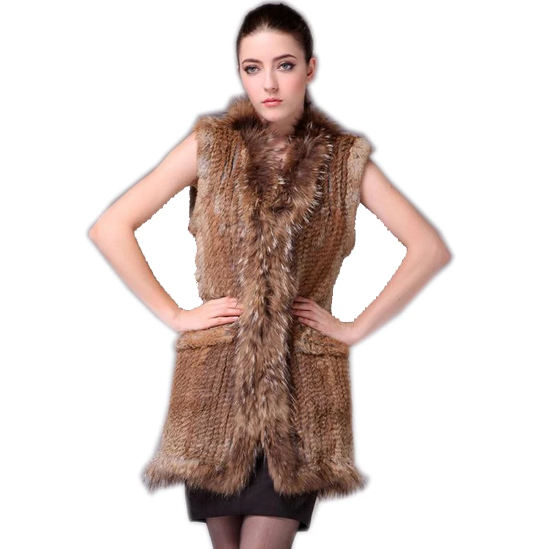 2019 Real rabbit fur vest Women knitted genuine raccoon  fur vest  overcoat pocket garment & raccoon collar without hood
