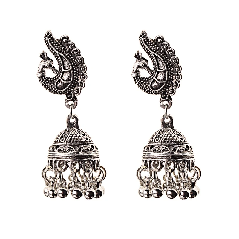 HXE060-6 TopHanqi индийские цыганские украшения Jhumka, серебряные, Boho, винтажные Этнические женские серьги, полые Висячие серьги для женщин - Окраска металла: HXE060-6