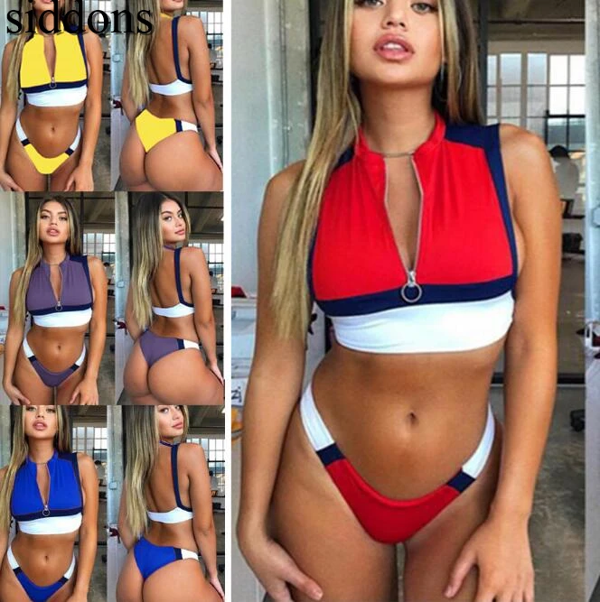 Купалник женский новый хит продаж сплошной цвет бикини на молнии с завышенной