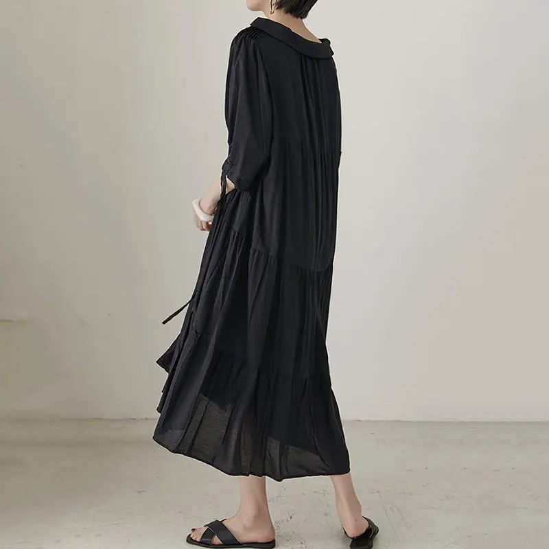 [XITAO] Korea Fashion New Women 2019 Summer V-neck Half Sleeve Solid Color Dress Female Pleated Mid-calf ZLL3746 | Женская одежда