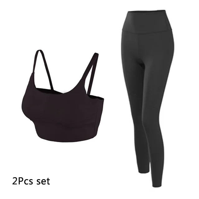 Black 2Pcs Set Комплект для занятий йогой с лазерной вышивкой, женская одежда для фитнеса, спортивная одежда, женские леггинсы с высокой талией для спортзала, спортивный бюстгальтер с эффектом пуш-ап, 2 шт., спортивные костюмы - Цвет: Black 2Pcs Set