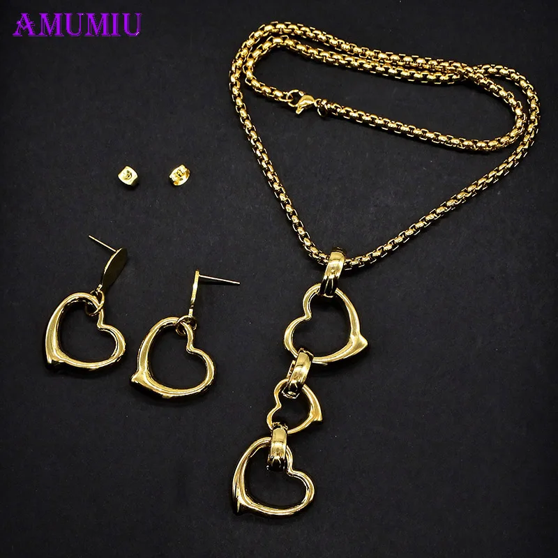 

AMUMIU new heart stainless steel turkish jewelry sets pendant necklace earrings for women JS073