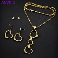 amumiu new heart stainless steel turkish jewelry sets pendant necklace earrings for women js073