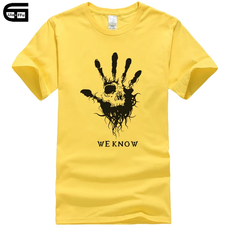 yellow We know Skyrim Футболка мужская мода мультфильм Лето короткий рукав забавная футболка хлопковая Футболка с принтом Мужские крутые футболки T339 - Цвет: yellow