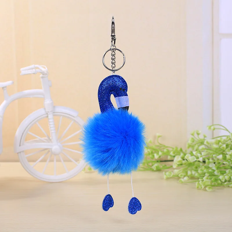 High Quality Anime Flamingo Toy Cute Leather KeyChain Plush Pendant Women Fluffy Fur Pom Keyring Bag Hang | Украшения и