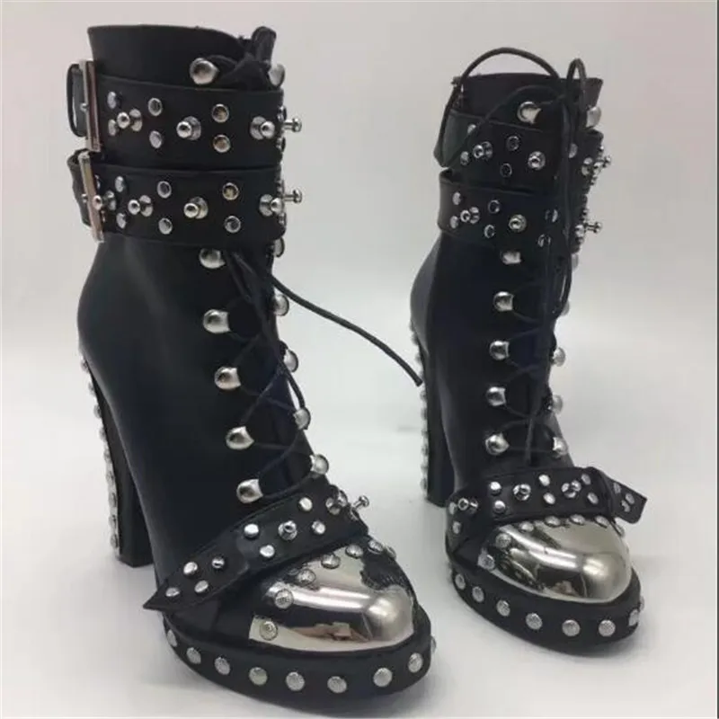 2017 черные кожаные ботильоны в стиле панк женская обувь на высоком каблуке с