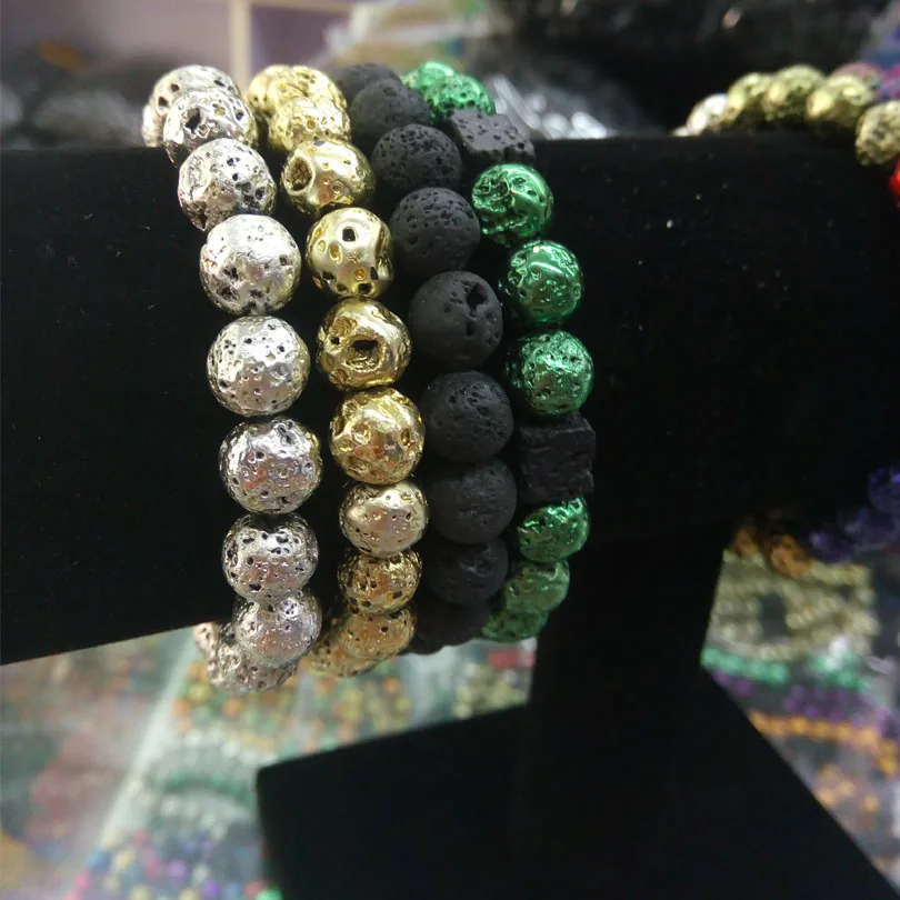 Золотой вулканический камень 7 Чакра браслет мужской черный Лава Исцеление