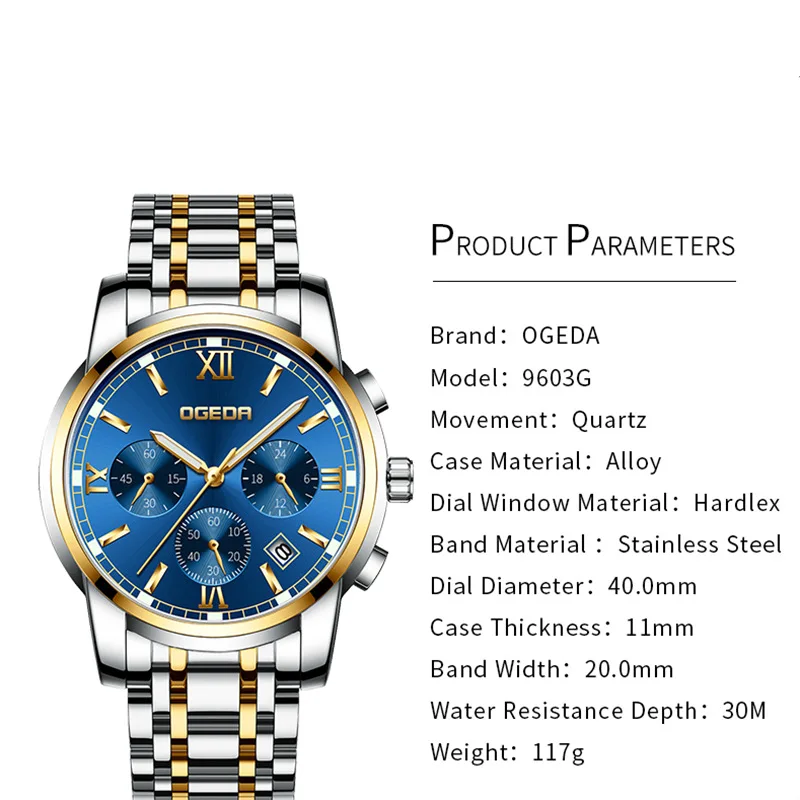 Новые мужские модные кварцевые часы OGEDA Топ бренд Роскошные все стальные Бизнес