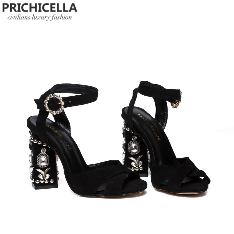 PRICHICELLA/Стильные черные замшевые босоножки из натуральной кожи на высоком каблуке