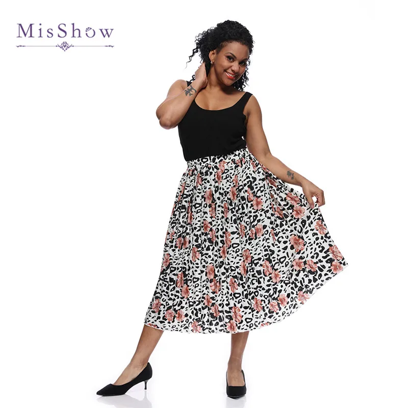 

MisShow Print High Waist Pleated Skirt Women Spring Summer Midi Skirts Womens Elastic Waist A Line Floral Skirts For Women