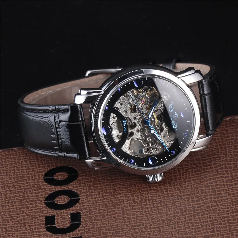 Мужские часы Winner черные дизайнерские с кожаным ремешком и гравировкой|watch teenage