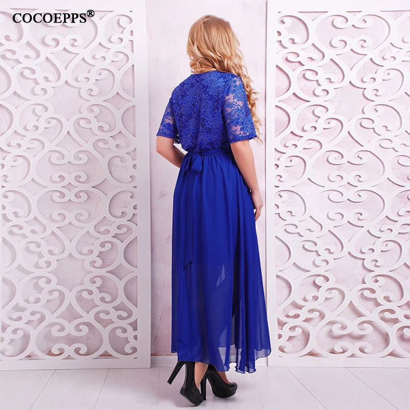 COCOEPPS Plus Size Chiffon Lace Women Long Dresses 2017 Summer Elegant Big Solid Maxi 5XL 6XL Blue Sashes Vestidos | Женская одежда